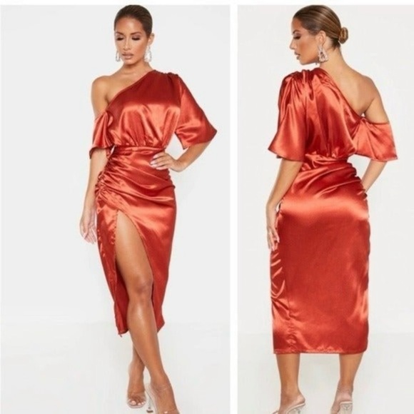PRETTY LITTLE THING Rust Colored Satin One Shoulder Midi Dress—SZ. 4 - Picture 3 of 17